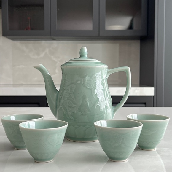 Longquan Celadon Other - Longquan Celadon Tea Pot and 4 Tea Cups. Koi Fish.